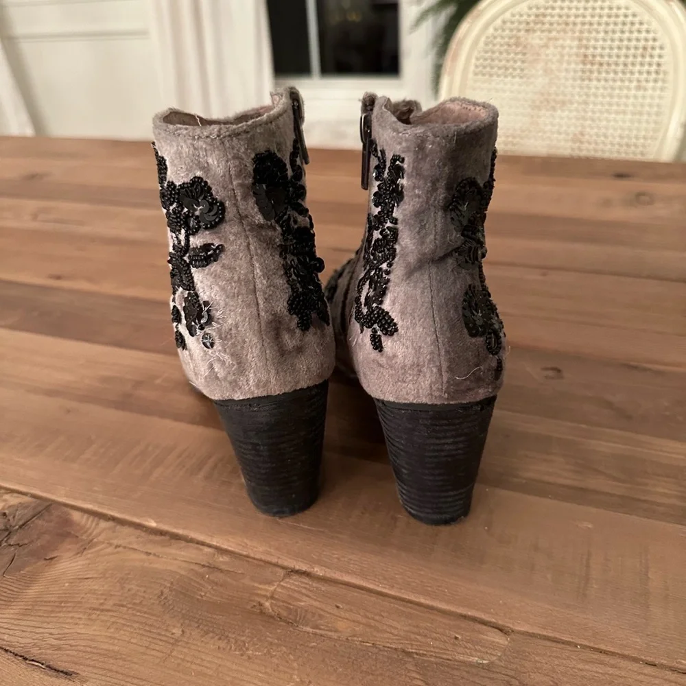 Free People Gray Velvet Ankle Booties with Black Embroidery